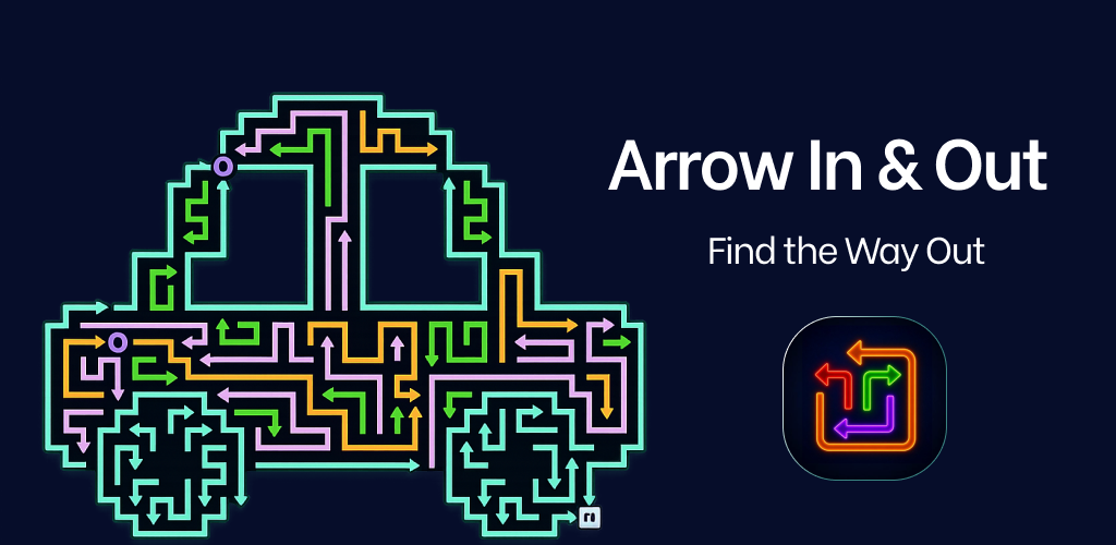 Arrow In & Out game artwork with a car-shaped neon arrow maze