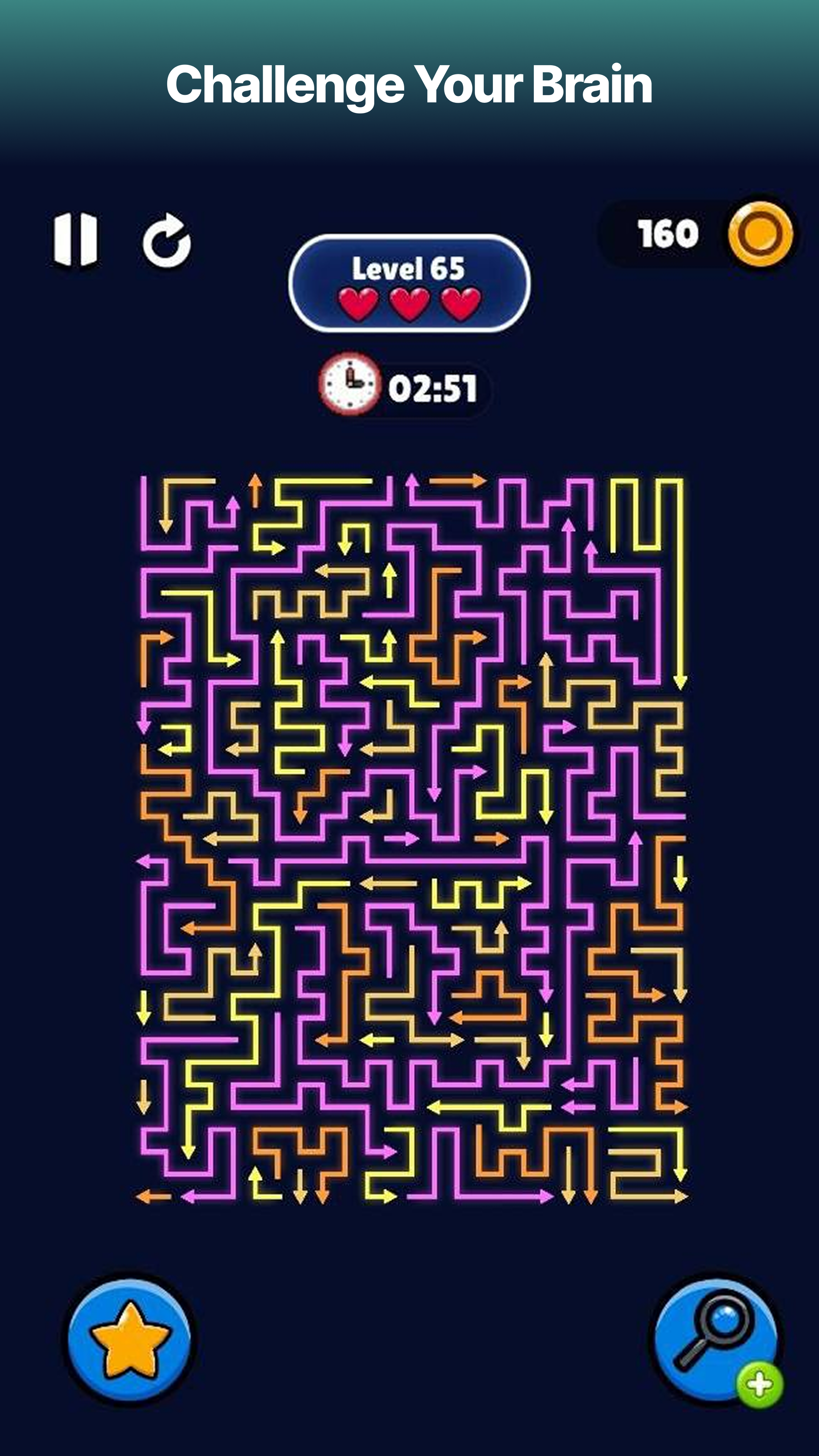 Arrow In & Out gameplay screenshot showing a colorful arrow maze level